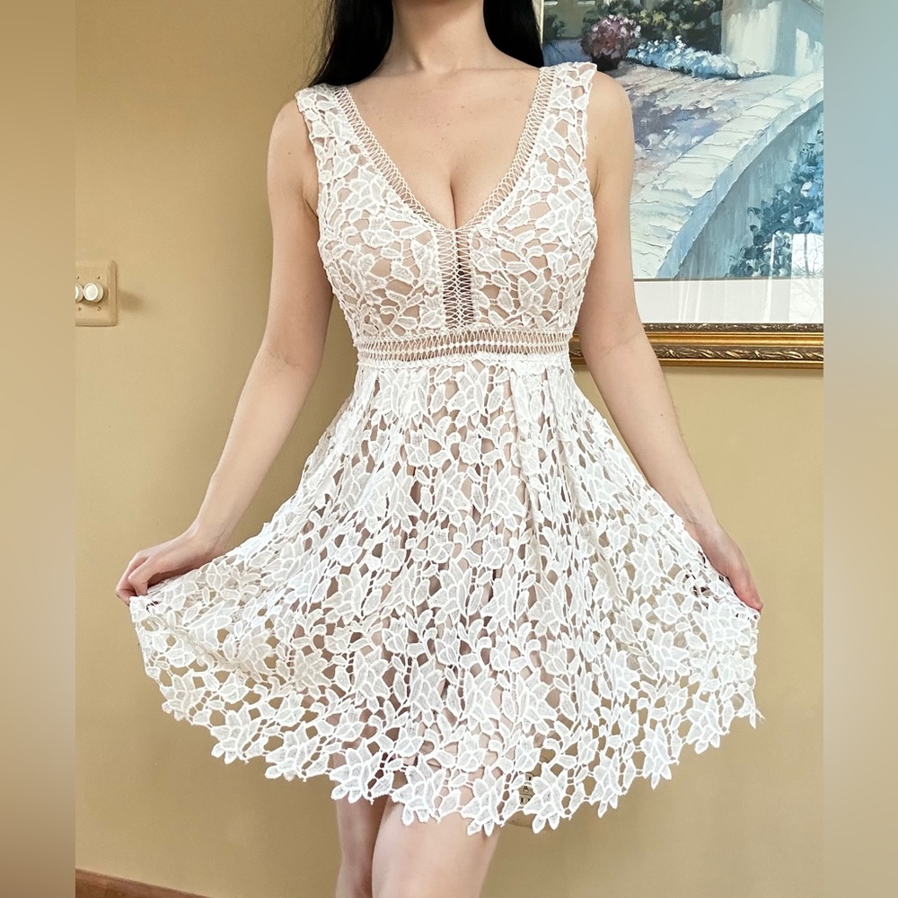 Aqua white lace nude underlay mini / above the knee dress size small S
